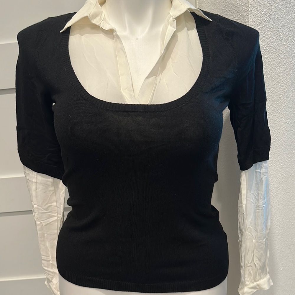 Max Studio Black Top with White Collar and Sleeves Size M